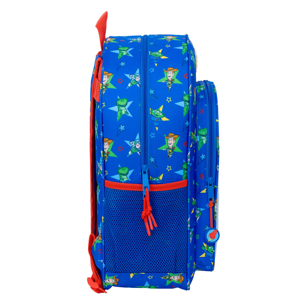 Blauer Rucksack mit Toy Story-Motiv, roten Akzenten und Reißverschlüssen.