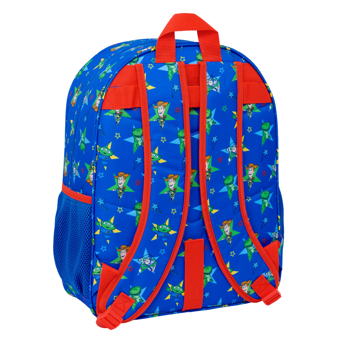 Blauer Rucksack mit Toy Story-Motiv, Woody, Buzz und Rex. Rote Träger.