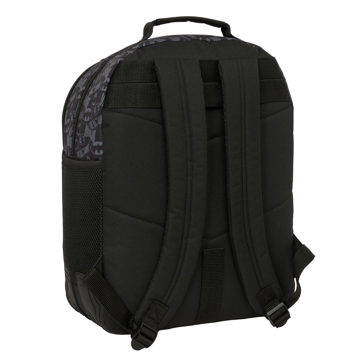 Schwarzer Rucksack mit Batman-Motiv und Netzseitentasche.