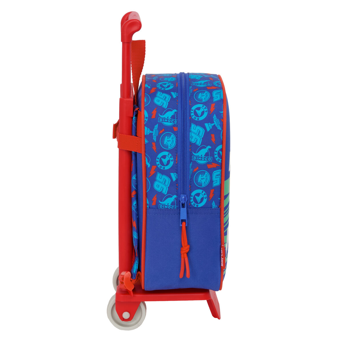 Ein blauer Rollkoffer mit Dino-Logo-Muster und roten Griffen und Rädern.
