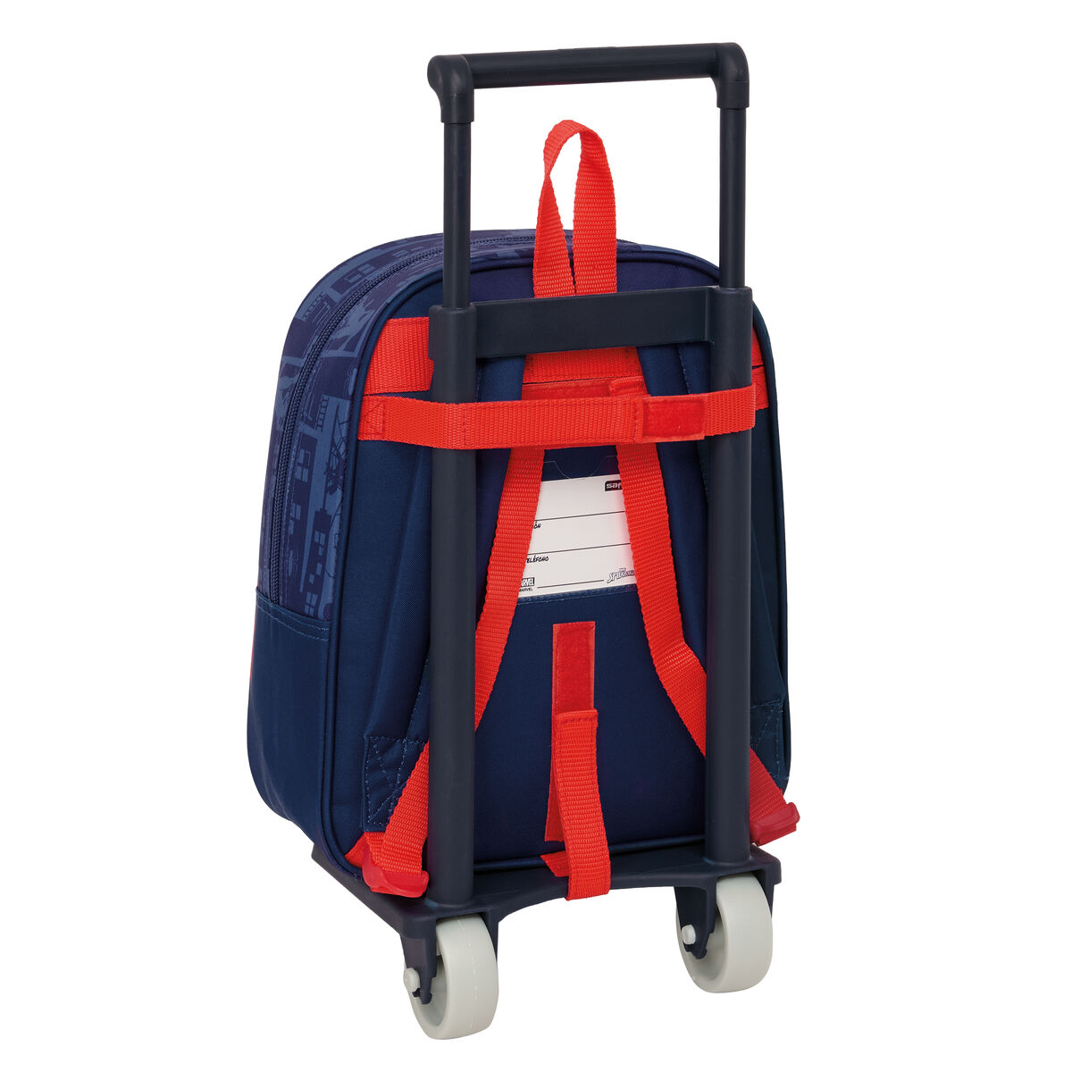 Ein dunkelblauer Rucksack mit Rollen und einem ausziehbaren Griff. Rote Gurte sind sichtbar.