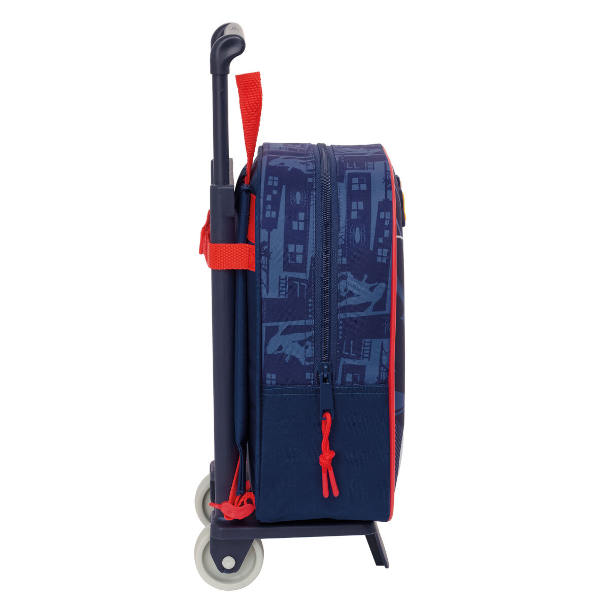 Dunkelblauer Kinderkoffer mit Spiderman-Aufdruck und ausziehbarem Griff.