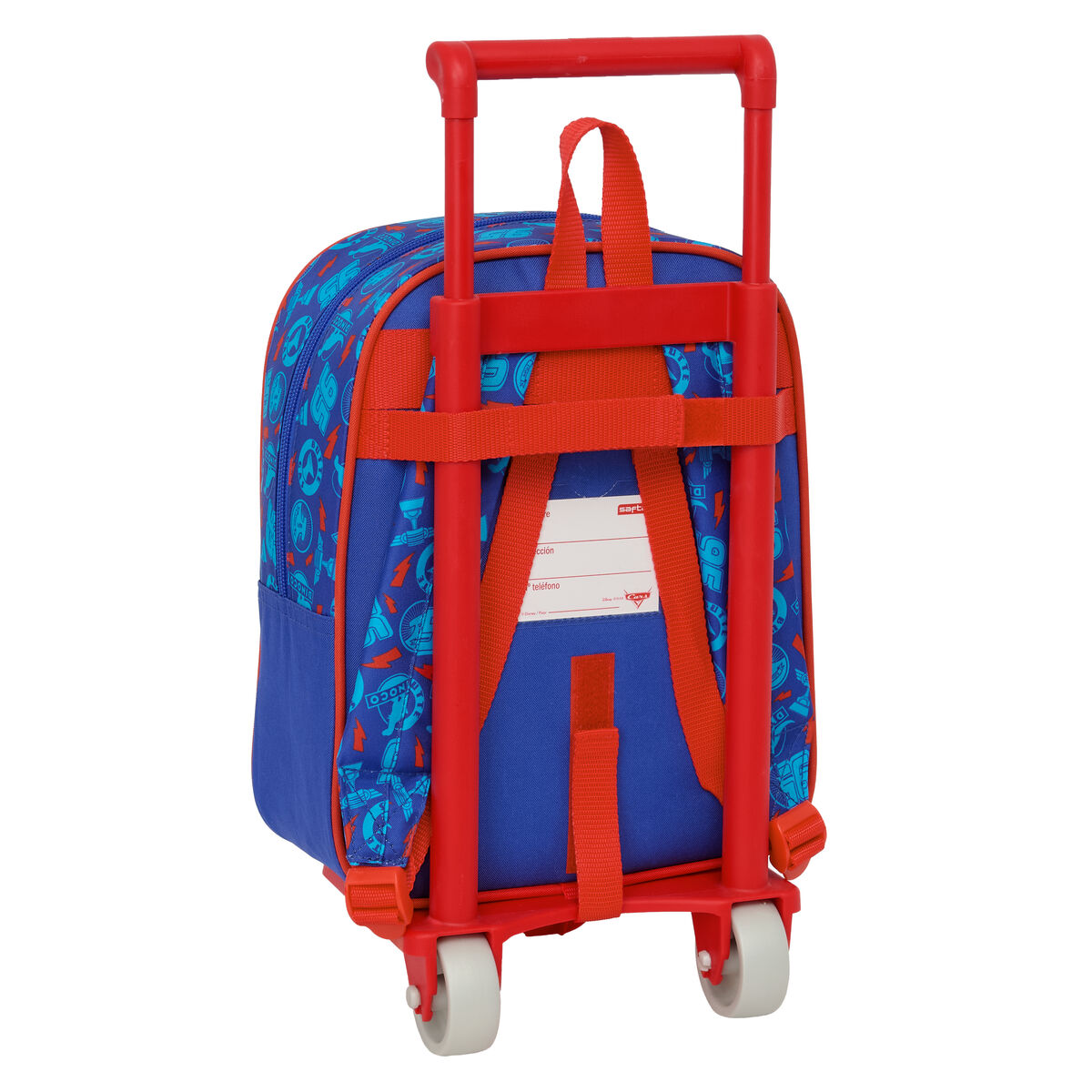 Ein blauer Rucksack mit Rädern und einem roten Teleskopgriff. Muster von Autos.