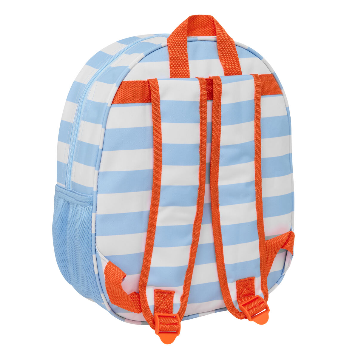 Zaino a righe blu e bianche con cinghie arancioni e tasche laterali in rete.