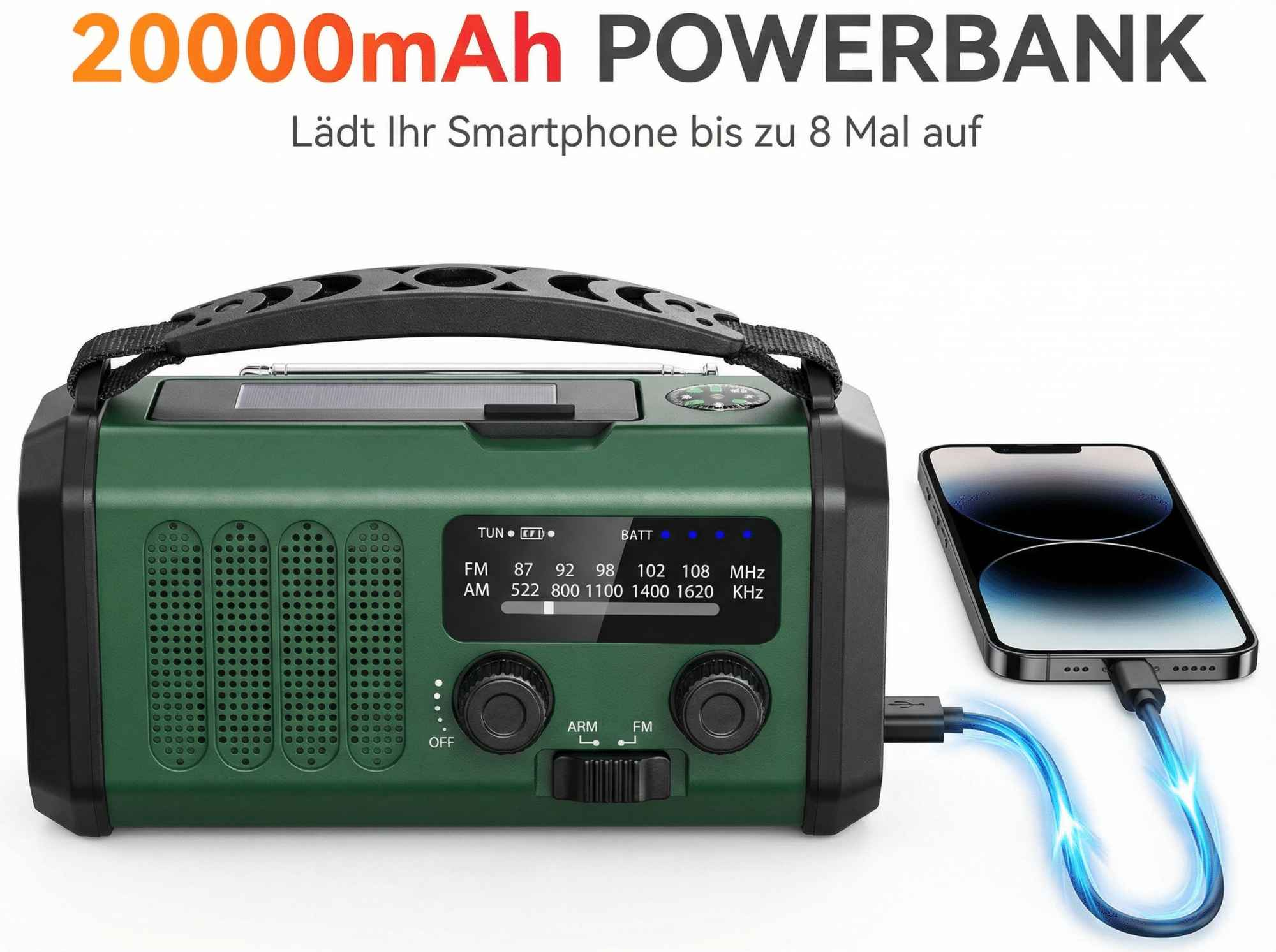 Grünes Powerbank-Radio lädt ein Smartphone über ein blaues Kabel.