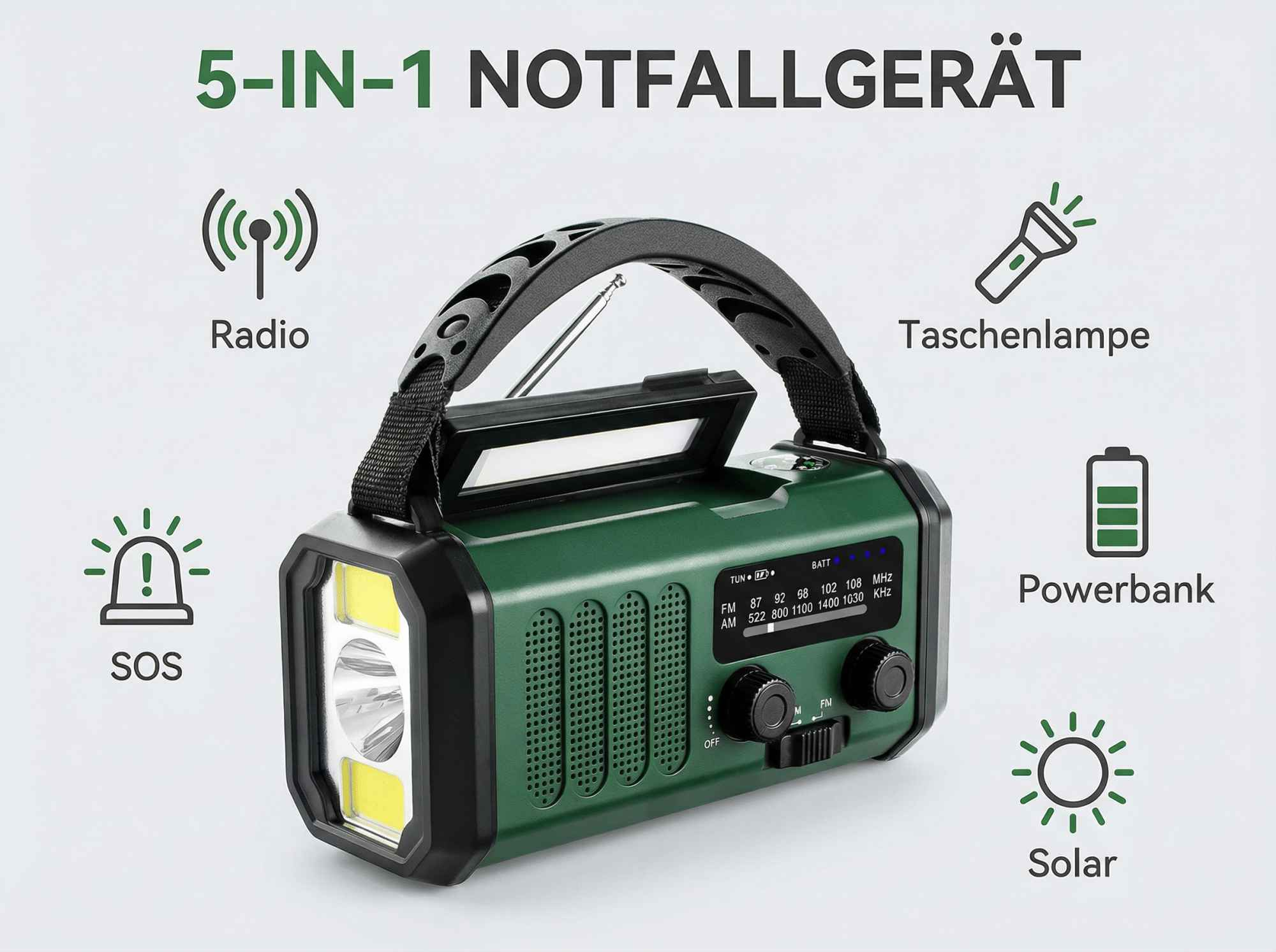 Ein grünes 5-in-1-Notfallgerät mit Radio, Taschenlampe, SOS und Powerbank.