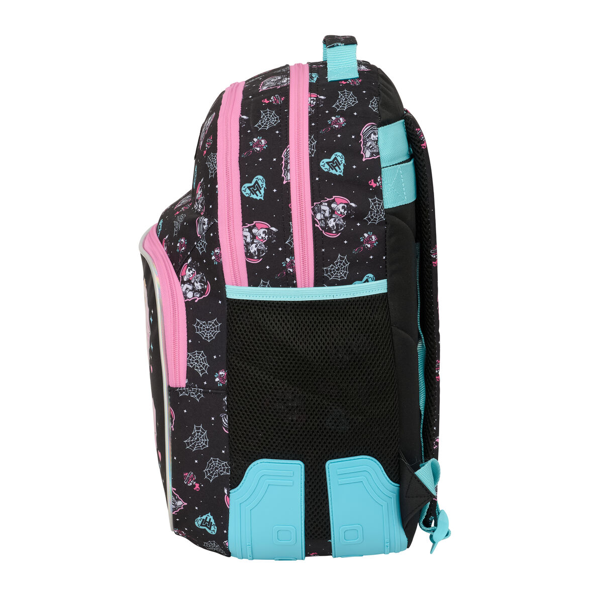 Schwarzer Rucksack mit pinken Reißverschlüssen und Monster-Motiven.