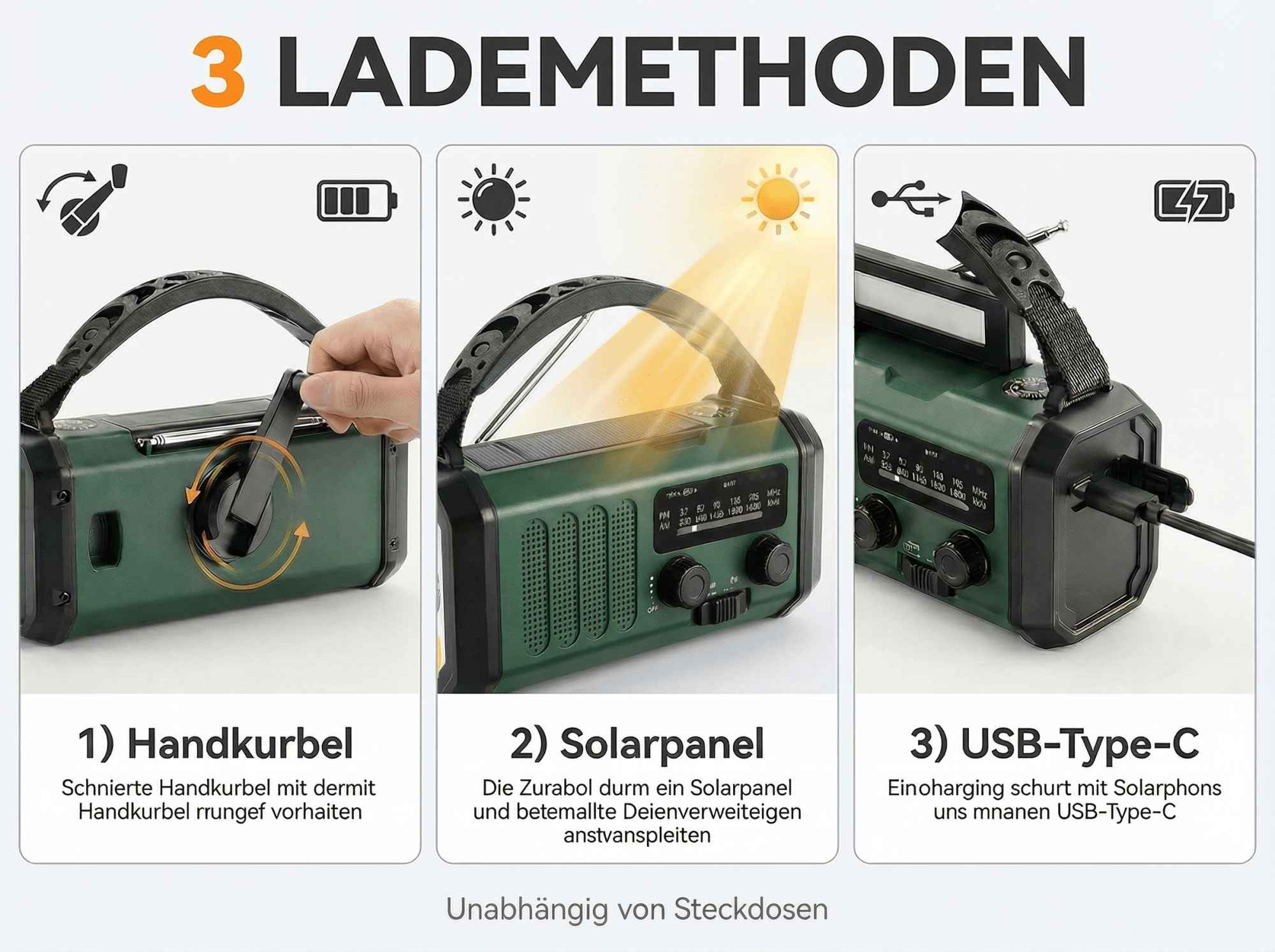Grünes Radio mit drei Ladeoptionen: Handkurbel, Solarpanel und USB-C.