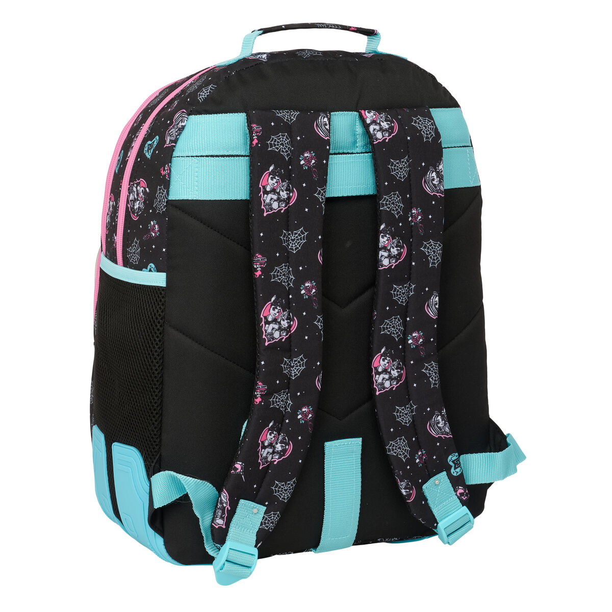 Schwarzer Rucksack mit pinken und blauen Akzenten und Monster-Motiv.