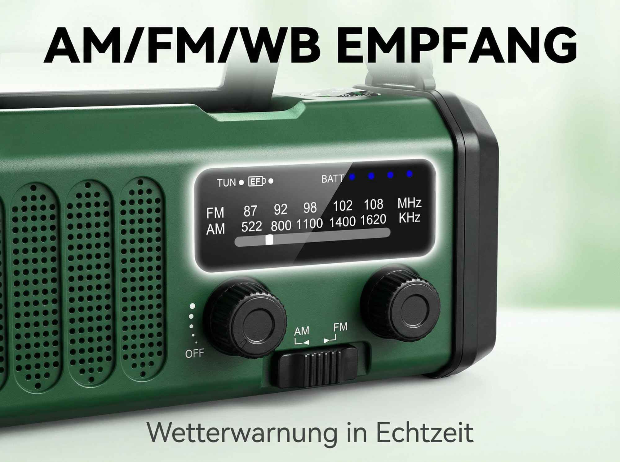 Grünes Radio mit AM/FM/WB-Empfang und Echtzeit-Wetterwarnung.
