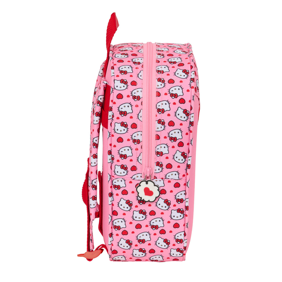 Ein rosa Rucksack mit Hello Kitty-Aufdruck und roten Trägern.