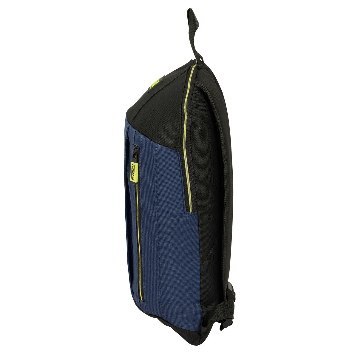 Ein dunkelblauer und schwarzer Rucksack mit gelben Reißverschlussdetails.