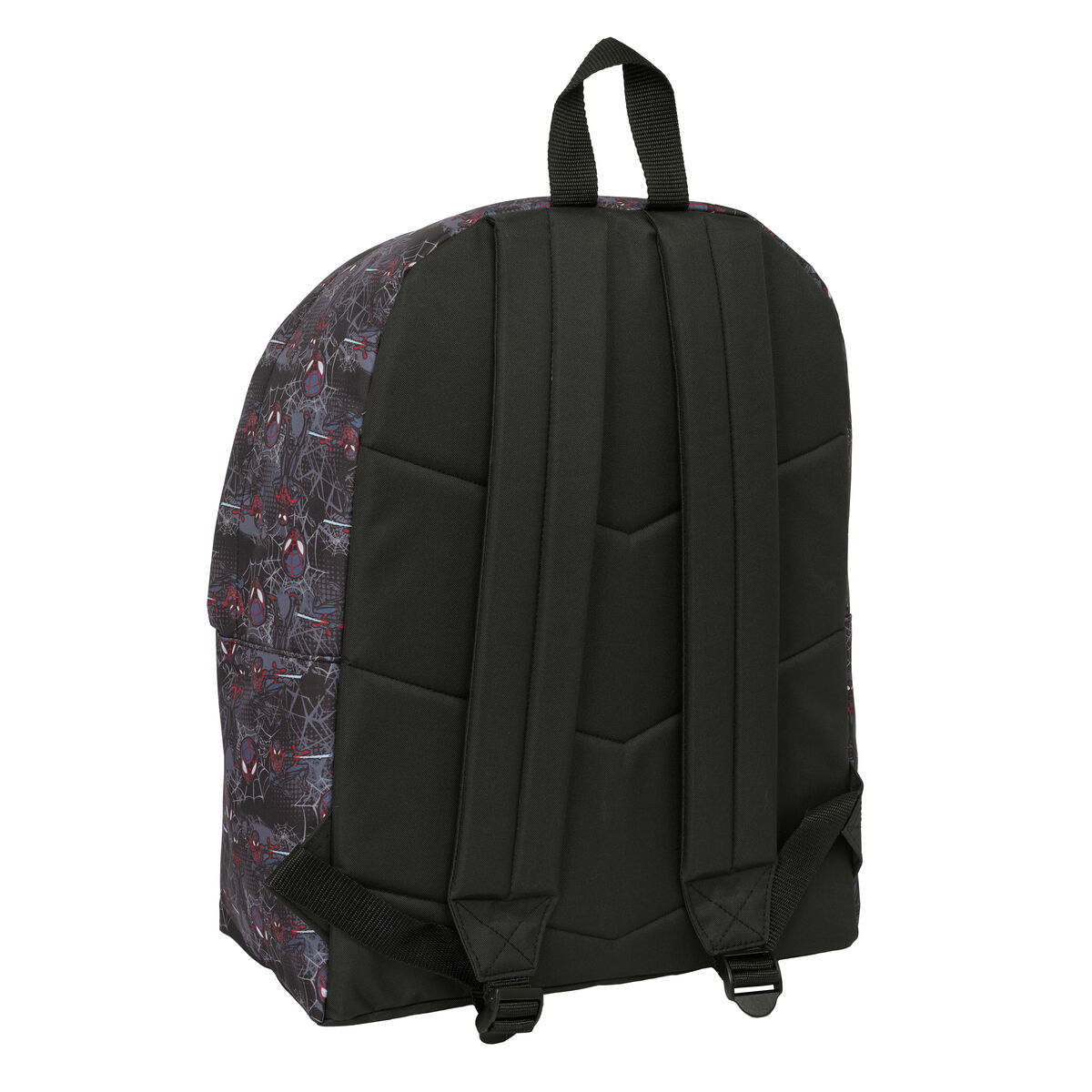 Ein schwarzer Rucksack mit Spiderman-Aufdruck, zwei Schultergurten und einer Schlaufe.