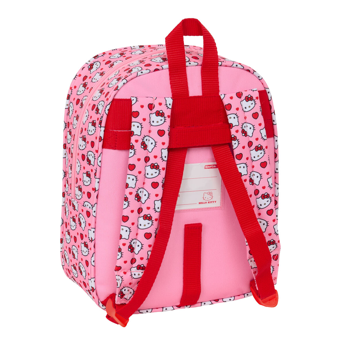 Ein pinker Hello Kitty Rucksack mit roten Trägern und einem Namensschild, verziert mit mehreren Hello Kitty Gesichtern und roten Herzen.