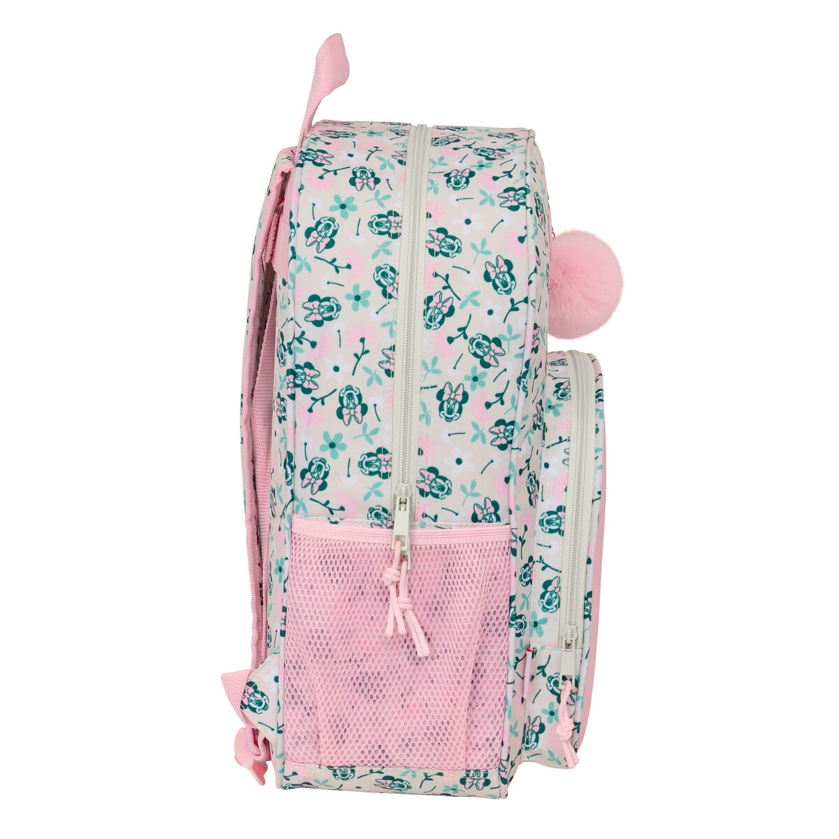 Ein Rucksack mit Blumenmuster und Micky-Maus-Ohren, mit rosa Akzenten.
