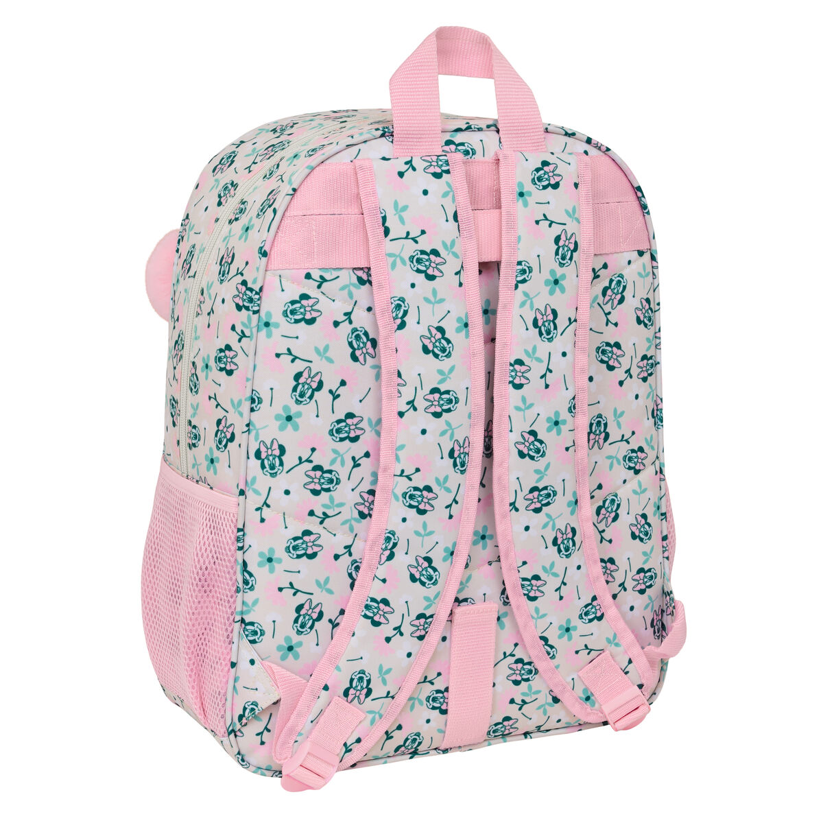 Rucksack mit Blumenmuster und rosa Trägern.