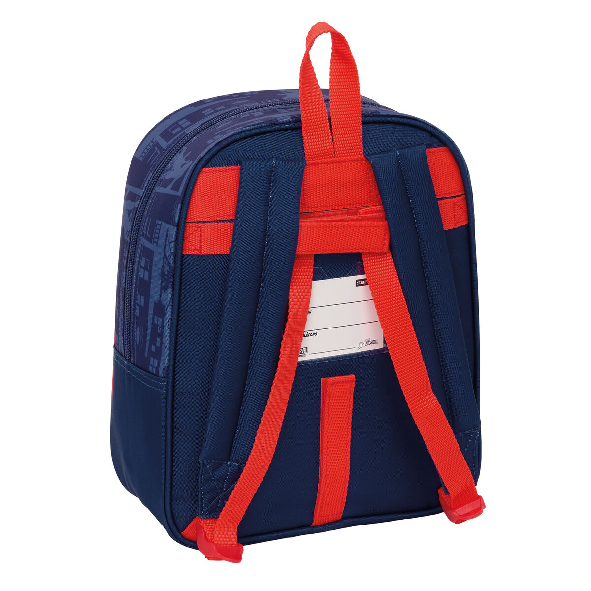 Ein dunkelblauer Rucksack mit rotem Trägern und städtischem Muster.