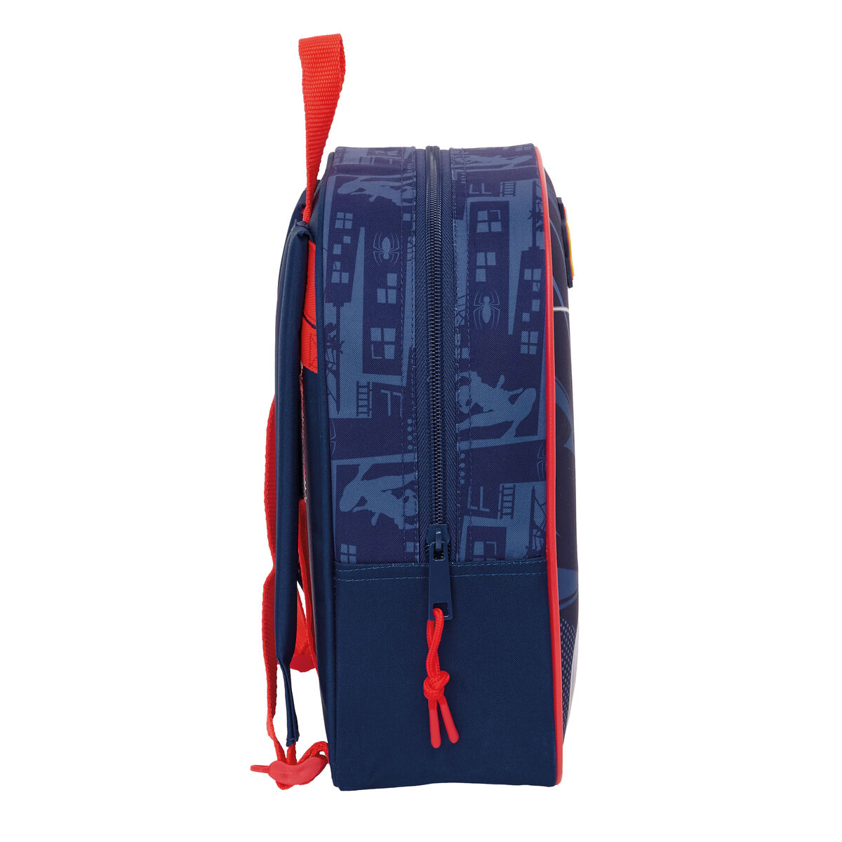 Eine dunkelblaue Tasche mit Spiderman-Motiv und roten Trägern.