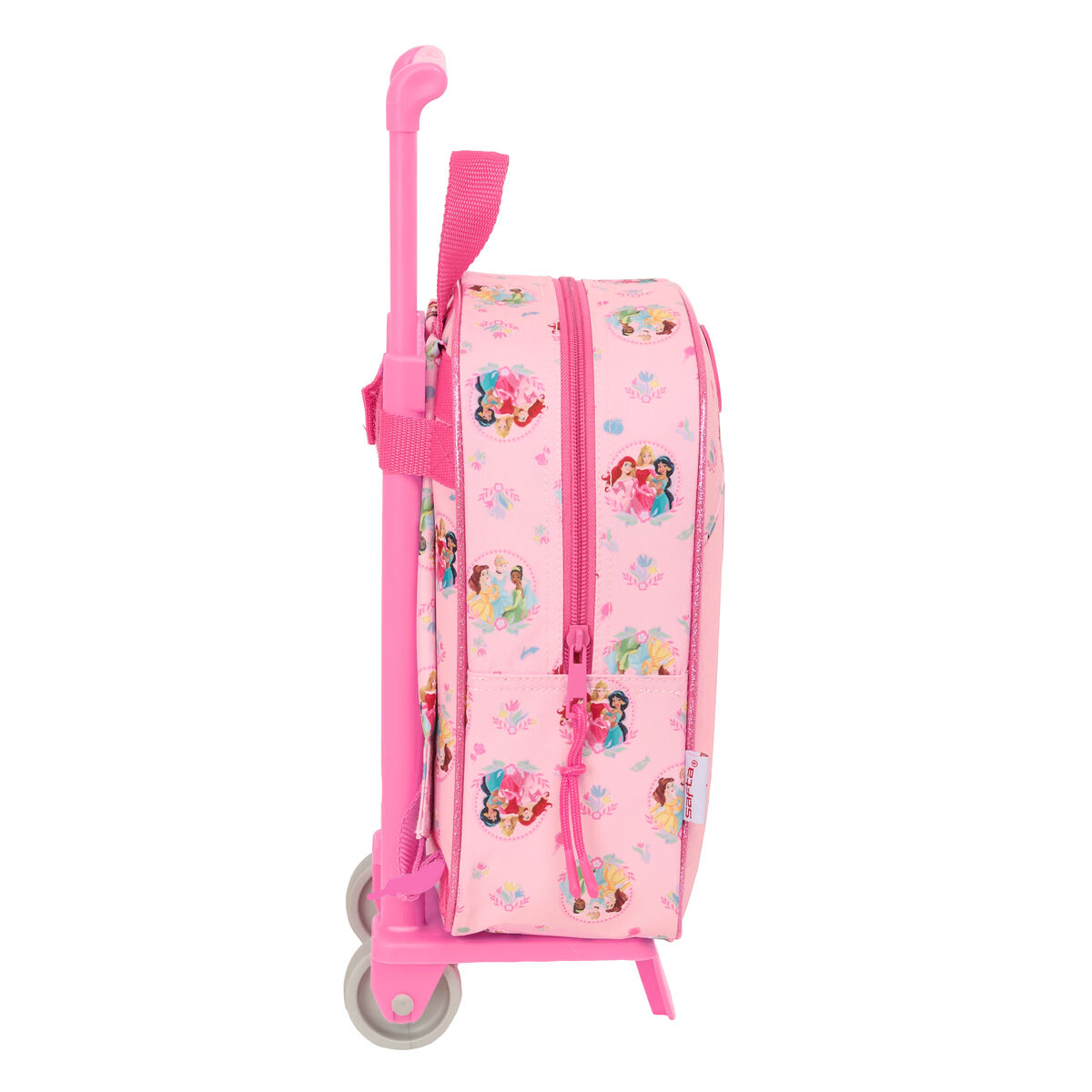 Ein rosa Rollkoffer mit Prinzessinnen-Motiv und pinkem Griff und Rädern.