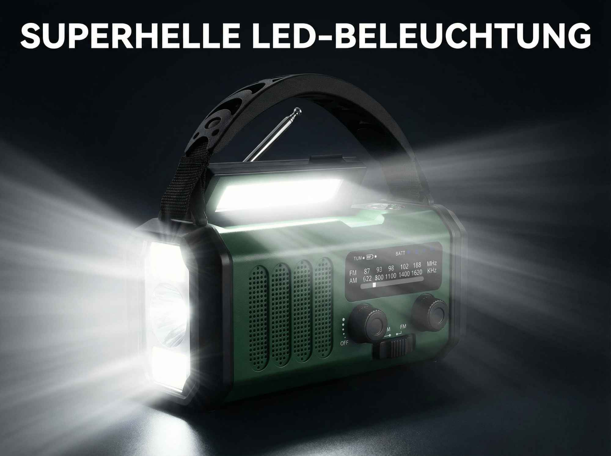 Ein grünes Multifunktionsgerät mit Taschenlampe, Radio und LED-Licht.