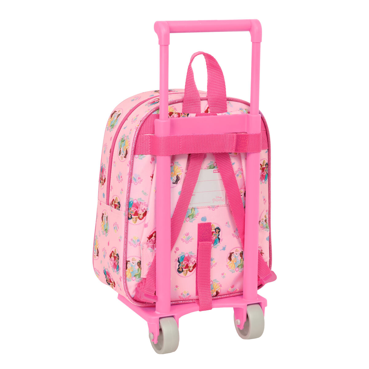 Ein rosa Rollkoffer mit Disney-Prinzessinnen-Motiv und ausziehbarem Griff.