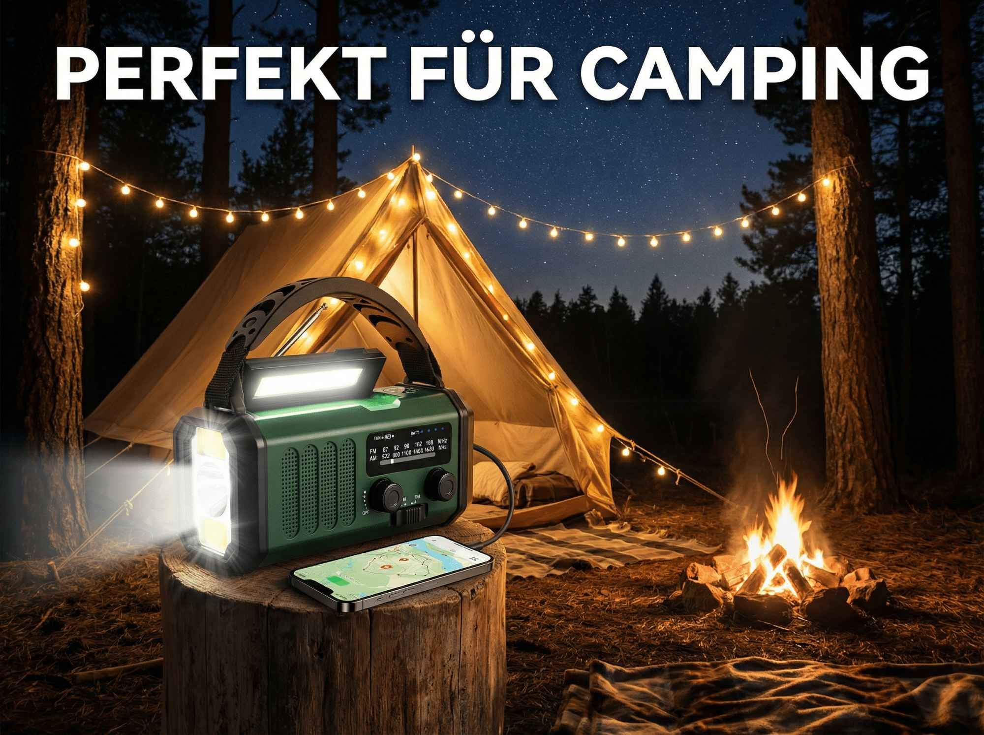 Grünes Radio mit Lampe auf Baumstumpf, Zelt und Lagerfeuer im Wald bei Nacht.
