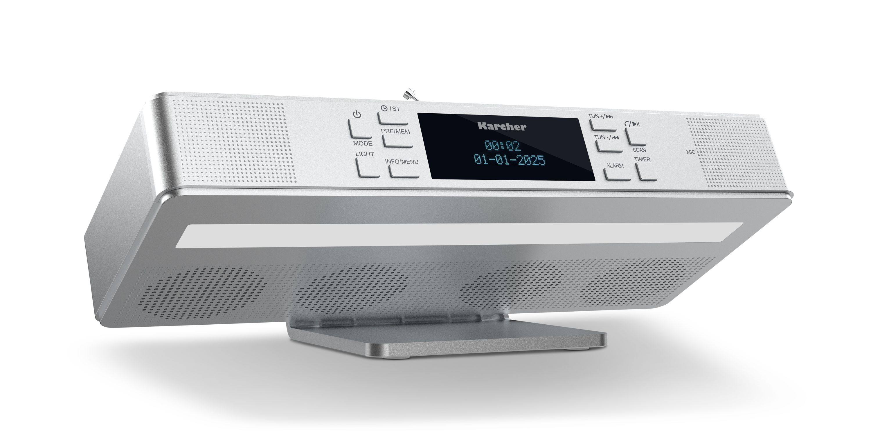 Ein silberner Karcher Radiowecker mit digitaler Anzeige und Tasten.