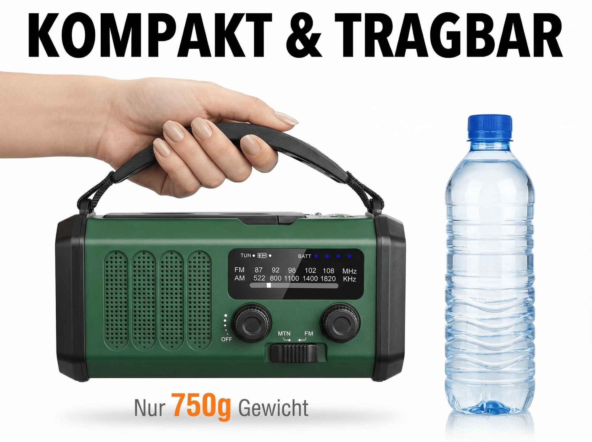 Grünes Kurbelradio mit Flaschenwasser. Kompakt und leicht.