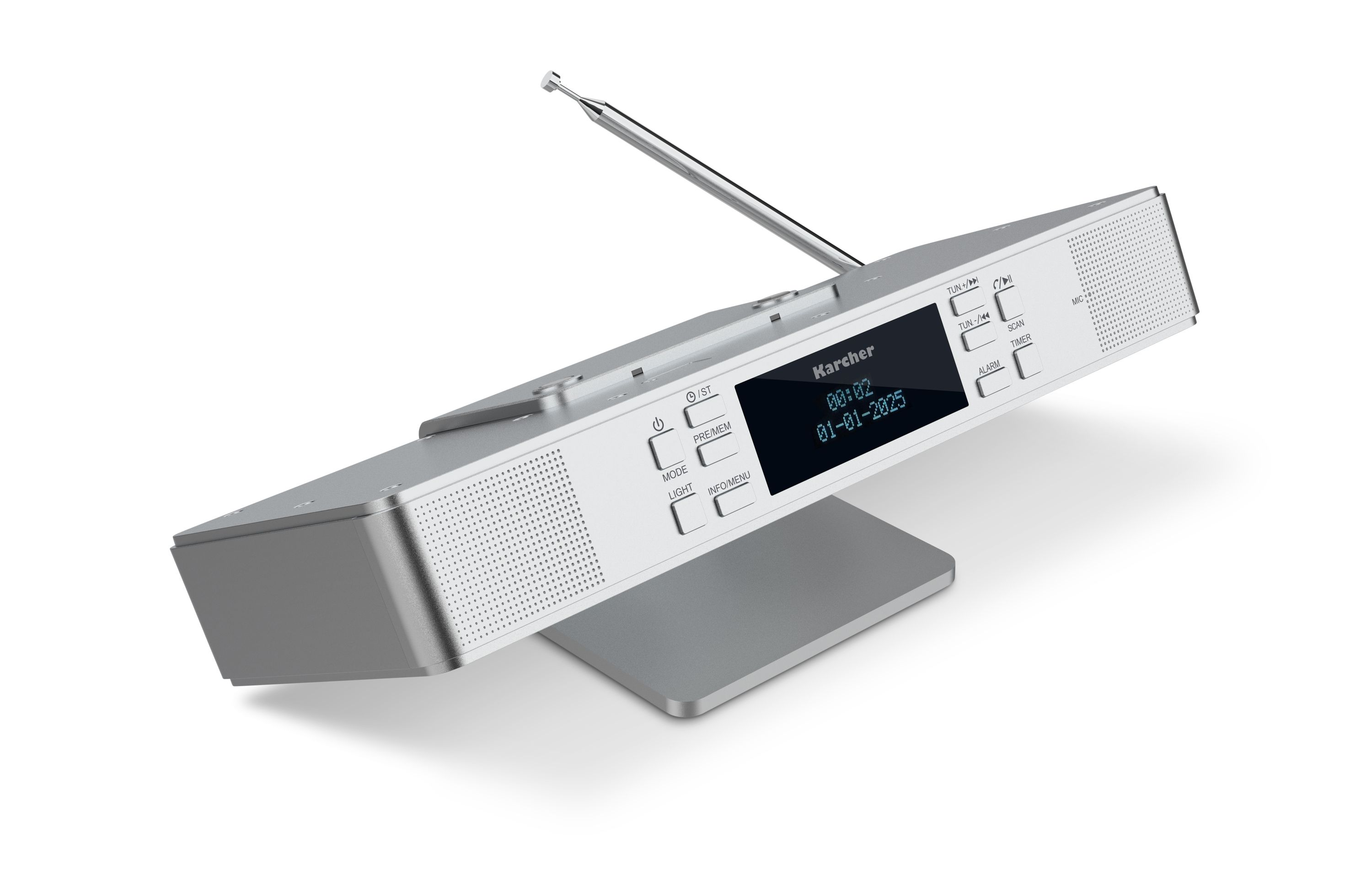 Silbernes Karcher Radio mit Antenne und Display, das Uhrzeit und Datum anzeigt.