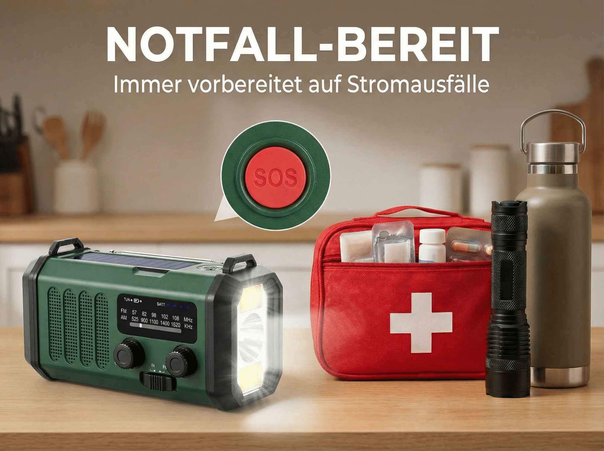 Grüne Notfallradio-Taschenlampe, Erste-Hilfe-Tasche, Taschenlampe und Flasche.