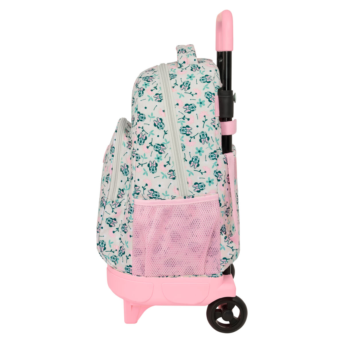 Ein rosafarbener Rollkoffer mit Blumenmuster und Mickey-Maus-Motiv.