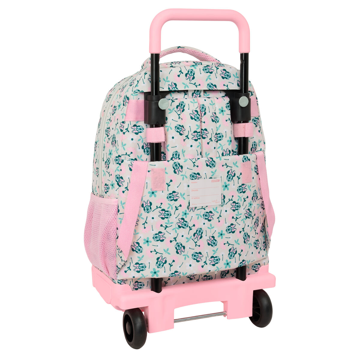Ein rosafarbener Rollkoffer-Rucksack mit Blumenmuster und Minnie Maus.
