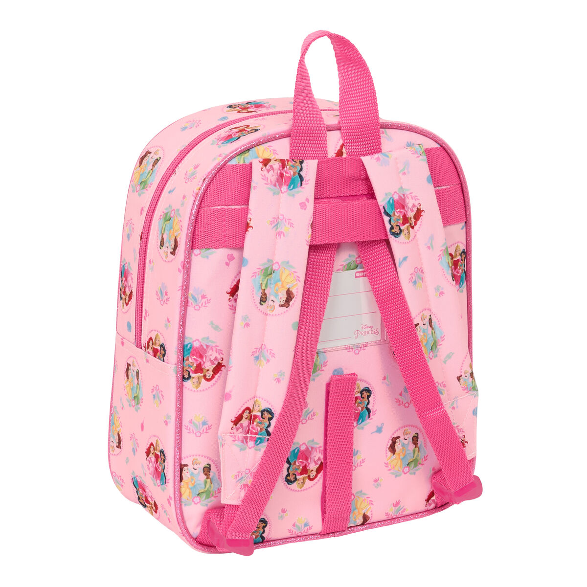 Ein pinker Rucksack mit Disney-Prinzessinnen-Mustern, verstellbaren pinken Riemen und einem oberen Griff, von hinten gesehen.