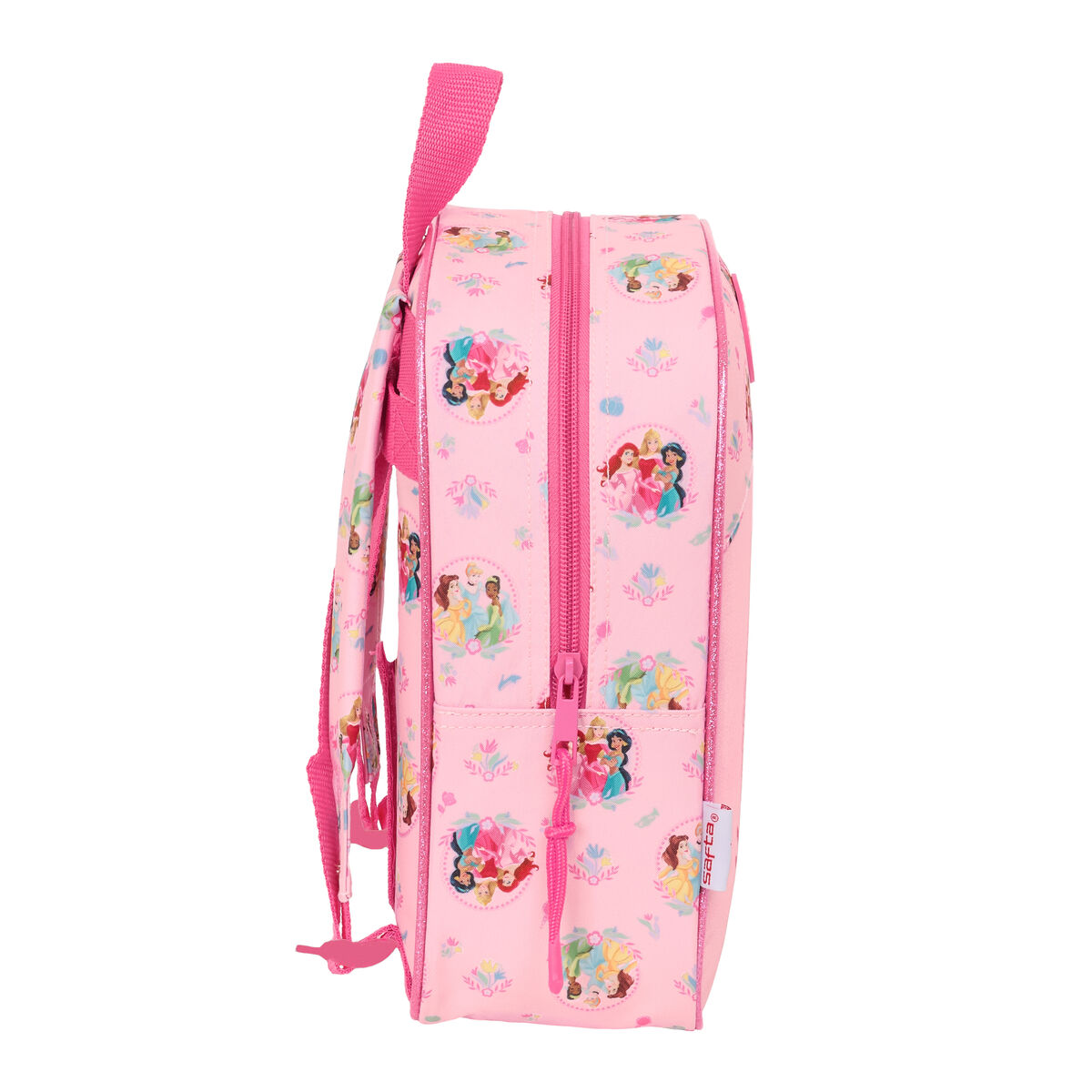 Ein pinker Rucksack mit Disney-Prinzessinnen-Motiv und pinken Trägern.