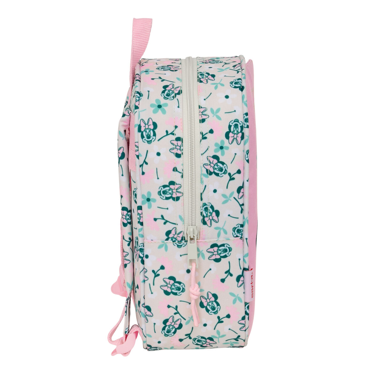 Eine Tasche mit Blumenmuster und Minnie Maus, mit pinken Henkeln und Reißverschluss.