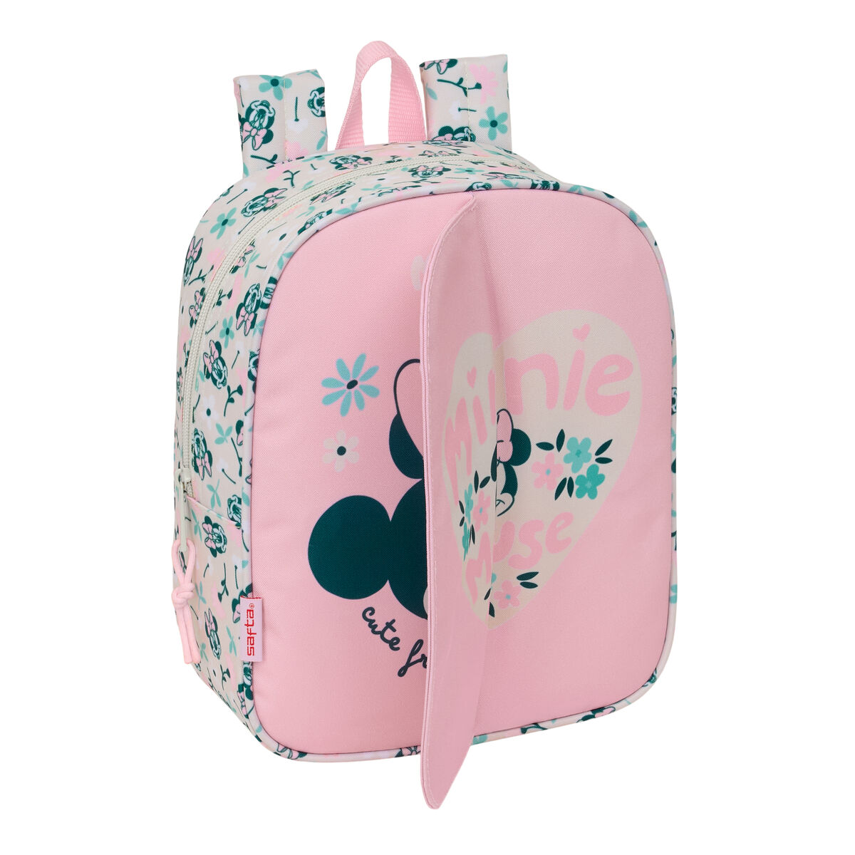 Ein rosa Rucksack mit Blumenmuster und Minnie Maus-Motiv.