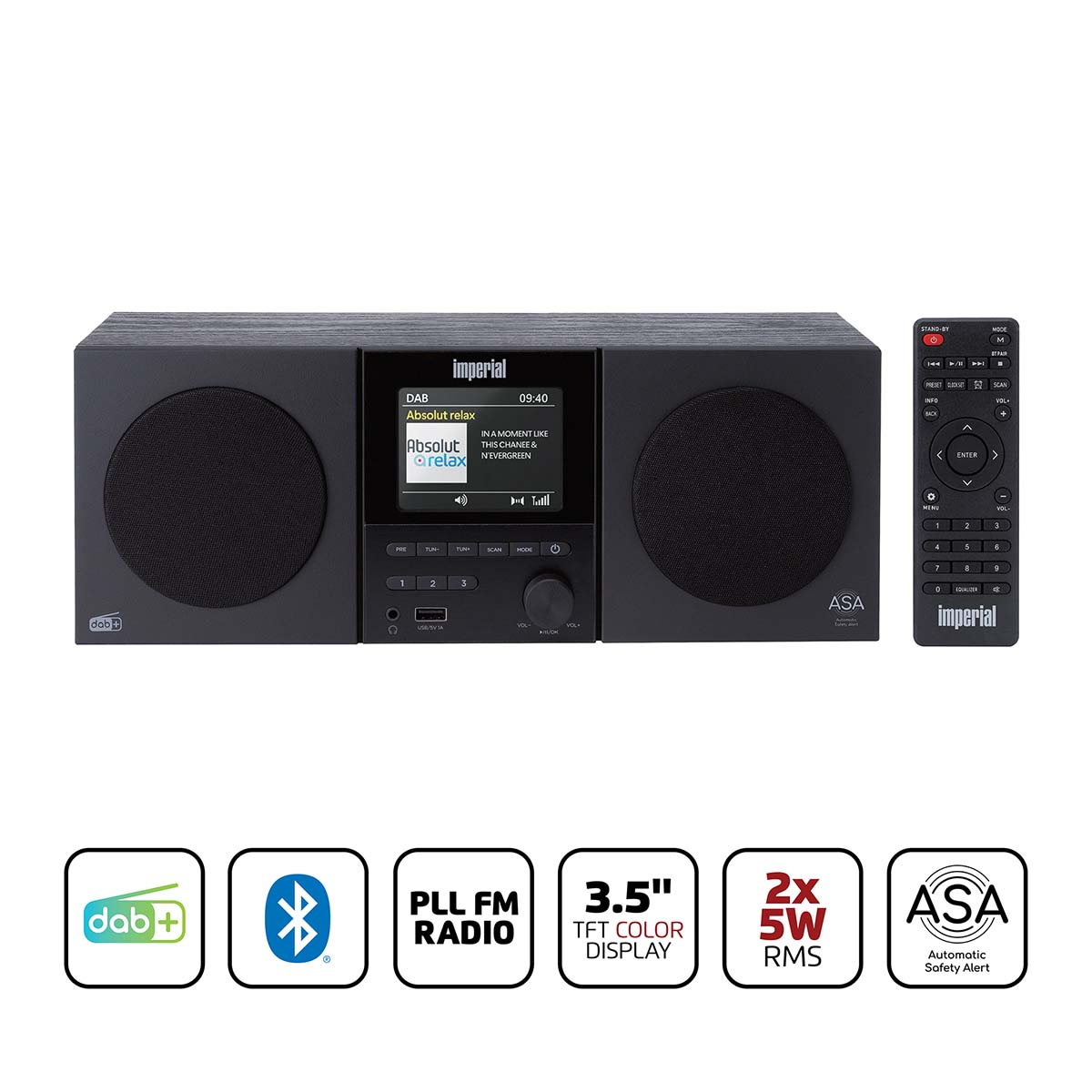 Ein schwarzes DAB+-Radio mit Fernbedienung und Symbolen.