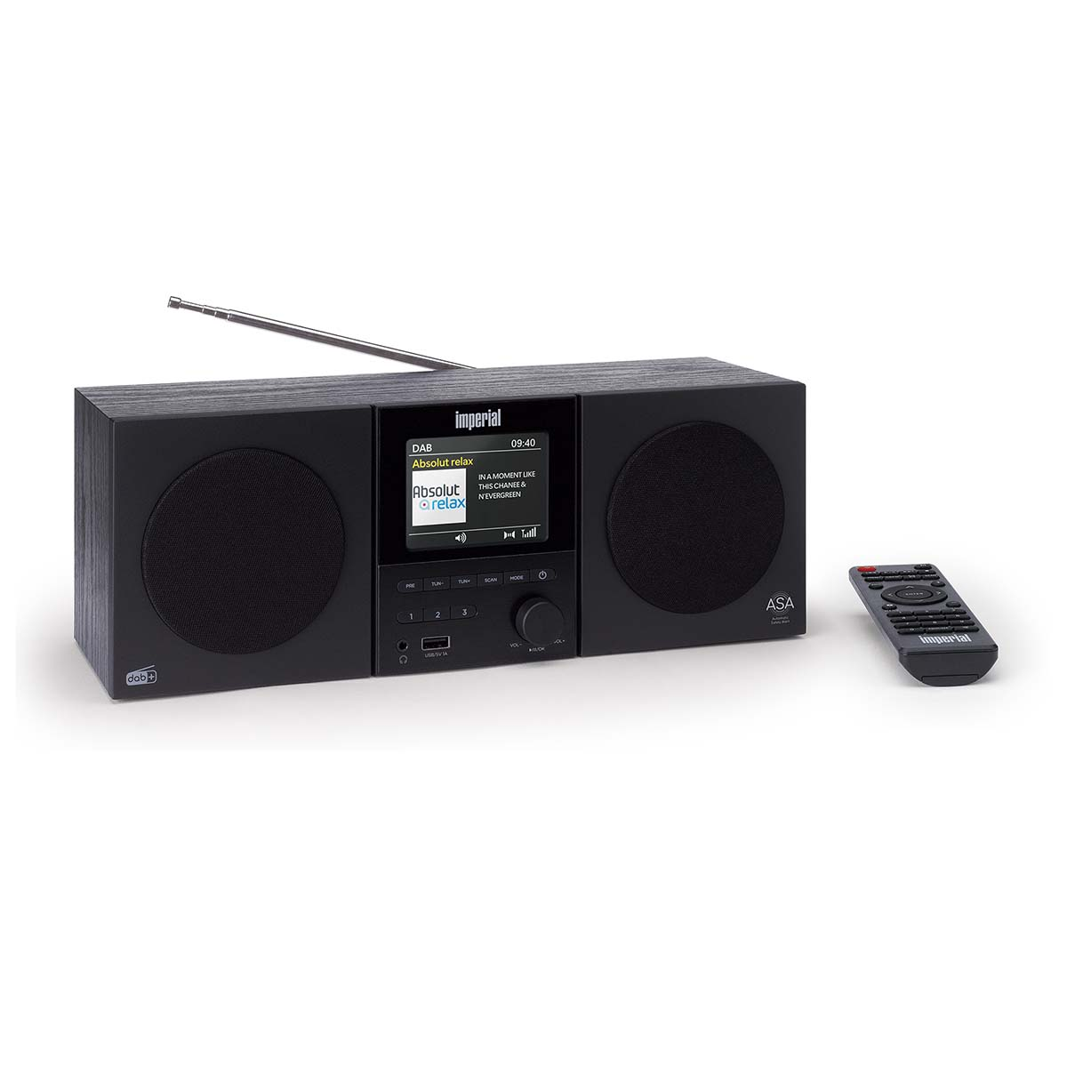 Schwarzer DAB-Radio mit Fernbedienung, Lautsprechern und Display.