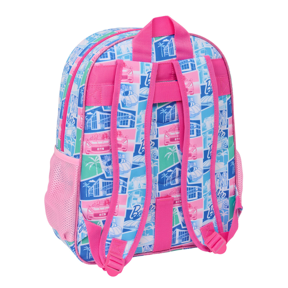Ein bunter Rucksack mit Barbie-Print, Autos, Häusern und Palmen.