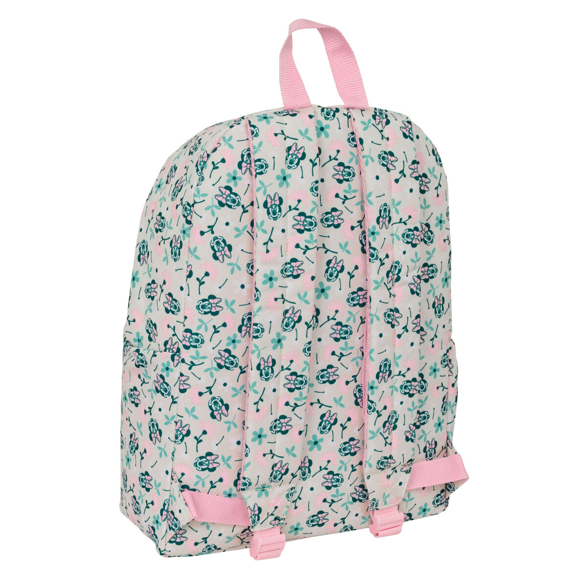 Ein Rucksack mit Blumenmuster in Rosa und Türkis auf hellem Hintergrund. Rosa Träger.