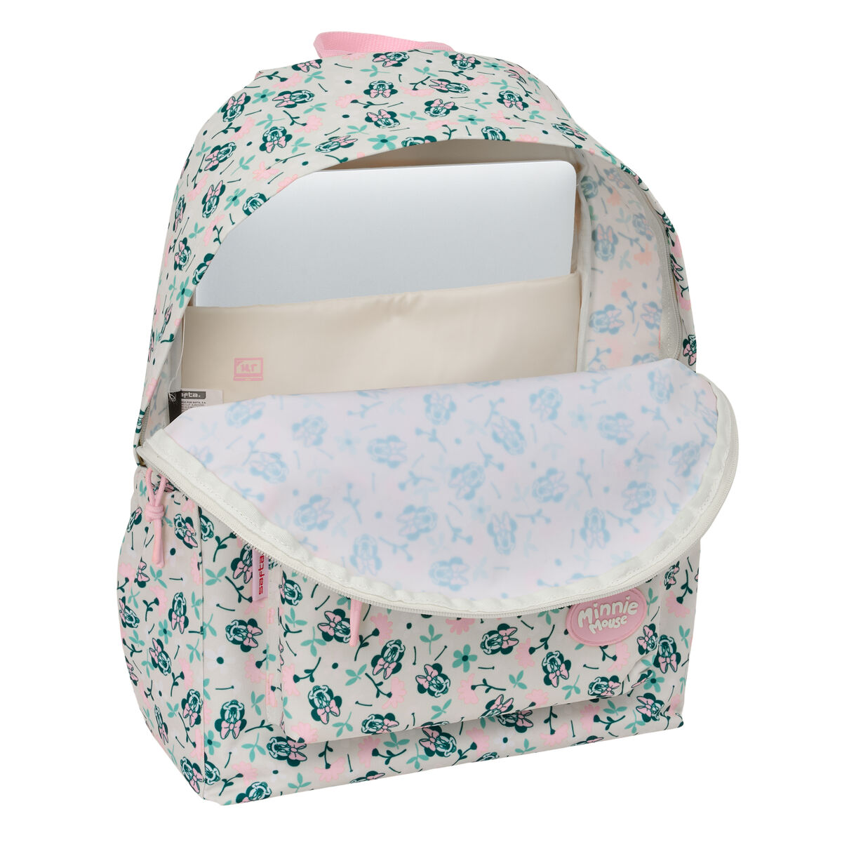 Ein Rucksack mit Blumenmuster, offen mit einem Laptop darin.