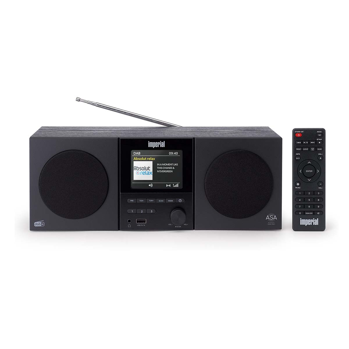 Schwarzer DAB-Radio mit Fernbedienung. Lautsprecher links und rechts.