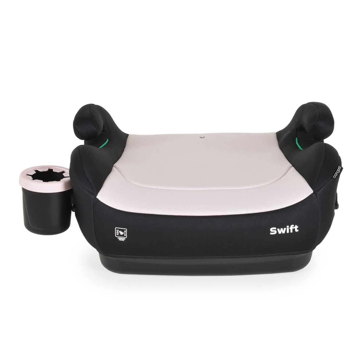 Ein grauer und schwarzer Kindersitz mit Becherhalter.
