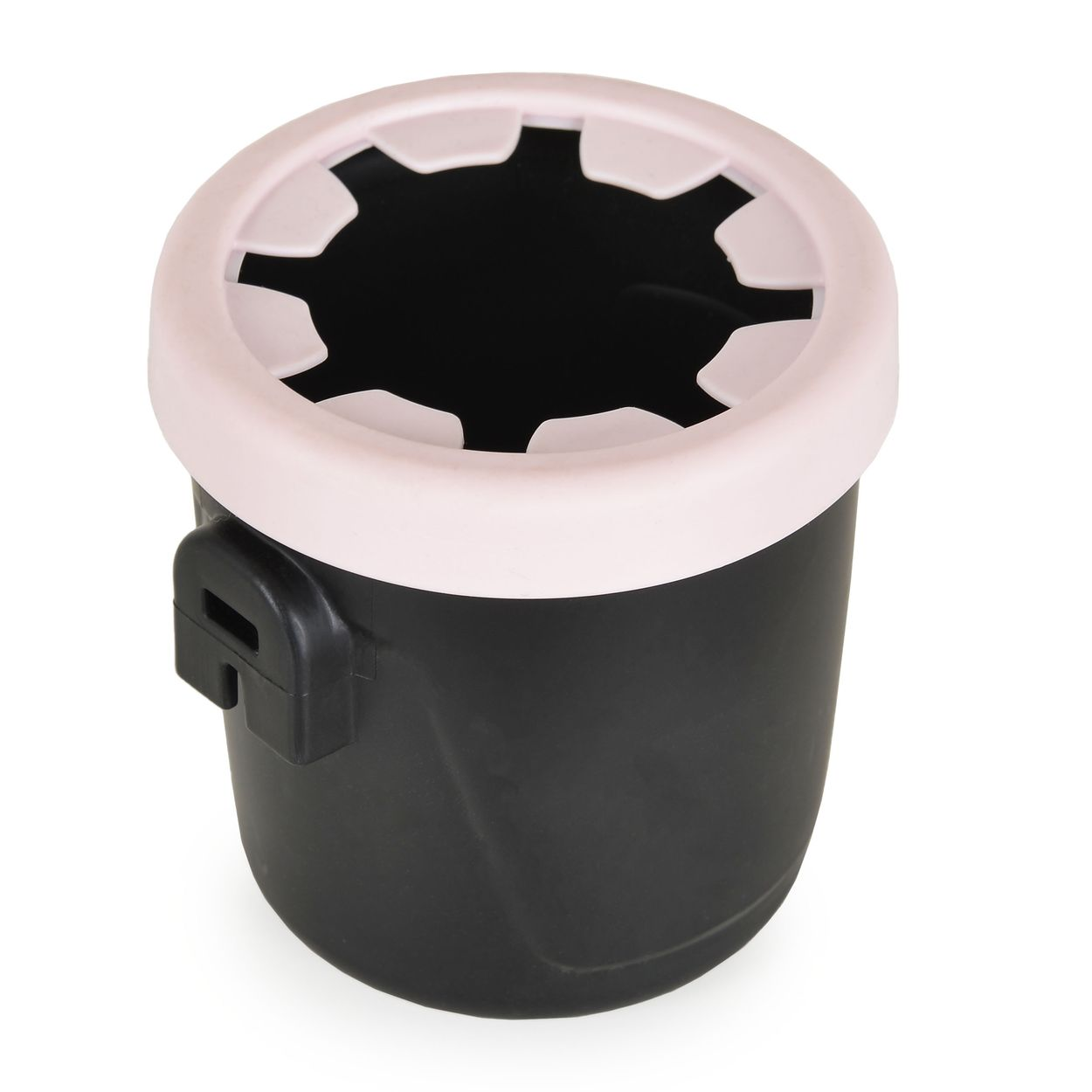 Schwarzer Becherhalter mit rosa Rand und Clip, auf weißem Hintergrund.