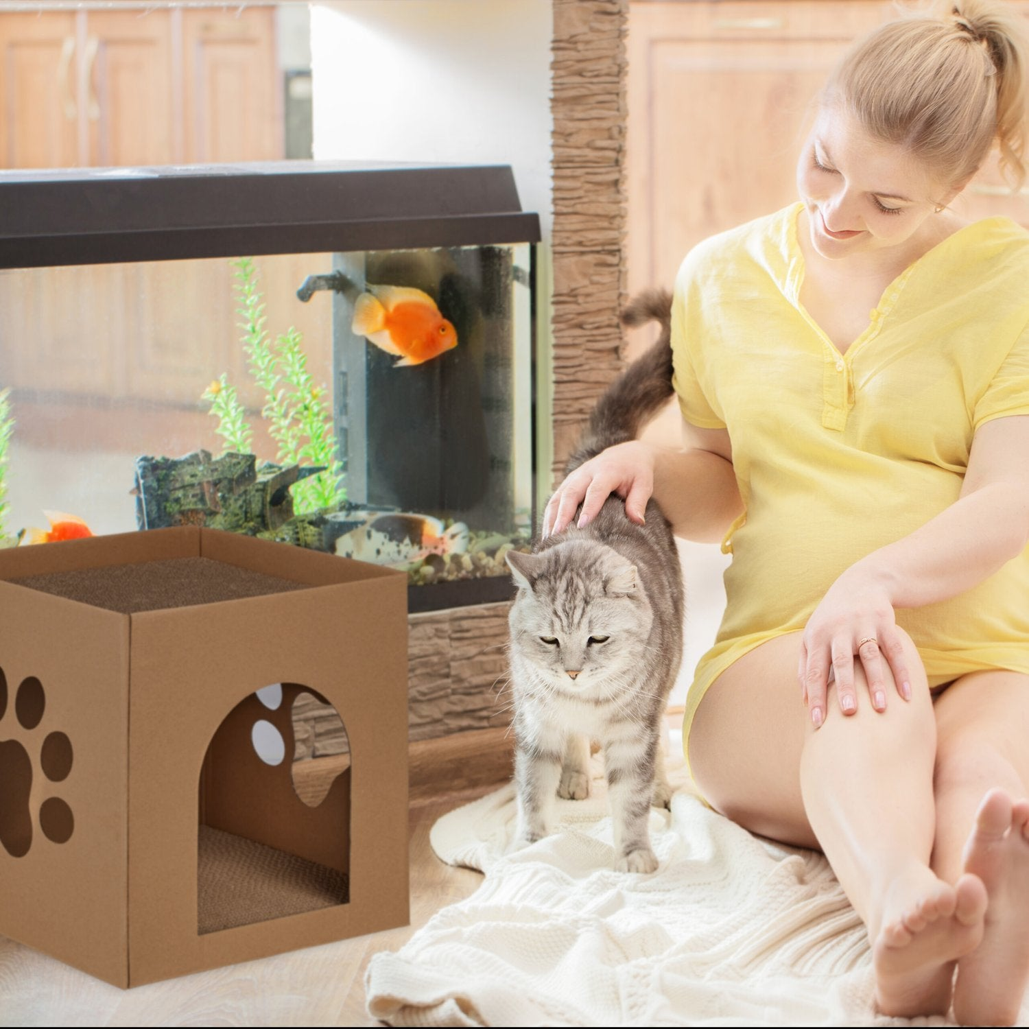 Una mujer acaricia un gato junto a una pecera y una casa para gatos de cartón.