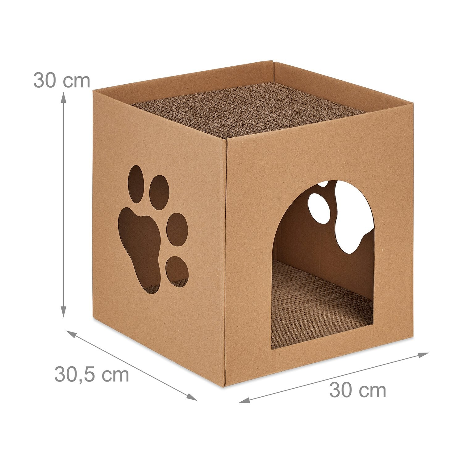 Cubo de cartón marrón para gatos con recorte de huella y superficie rascadora interior.