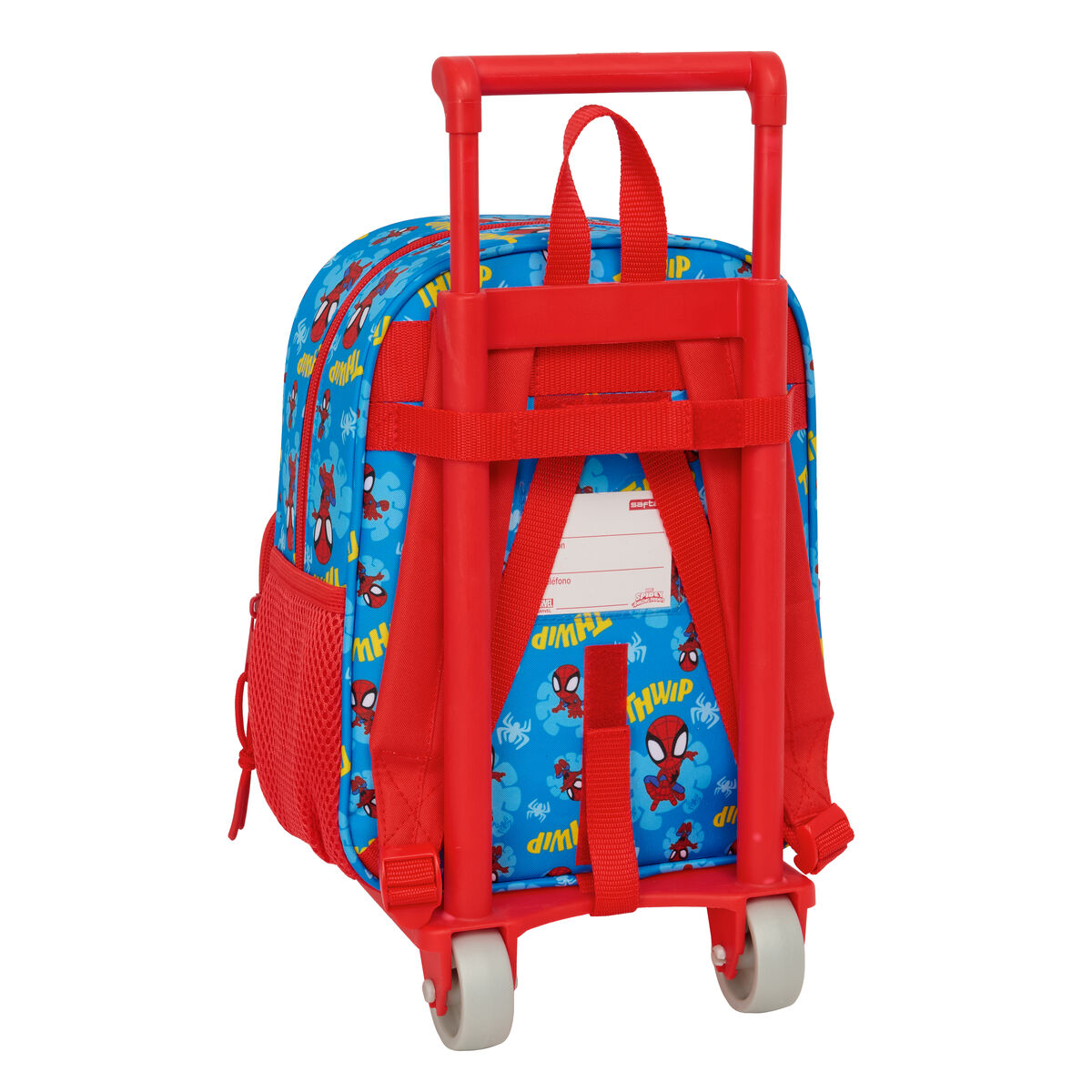 Blauer Kinderrucksack mit Spiderman-Motiv, roten Trägern und Rollen.