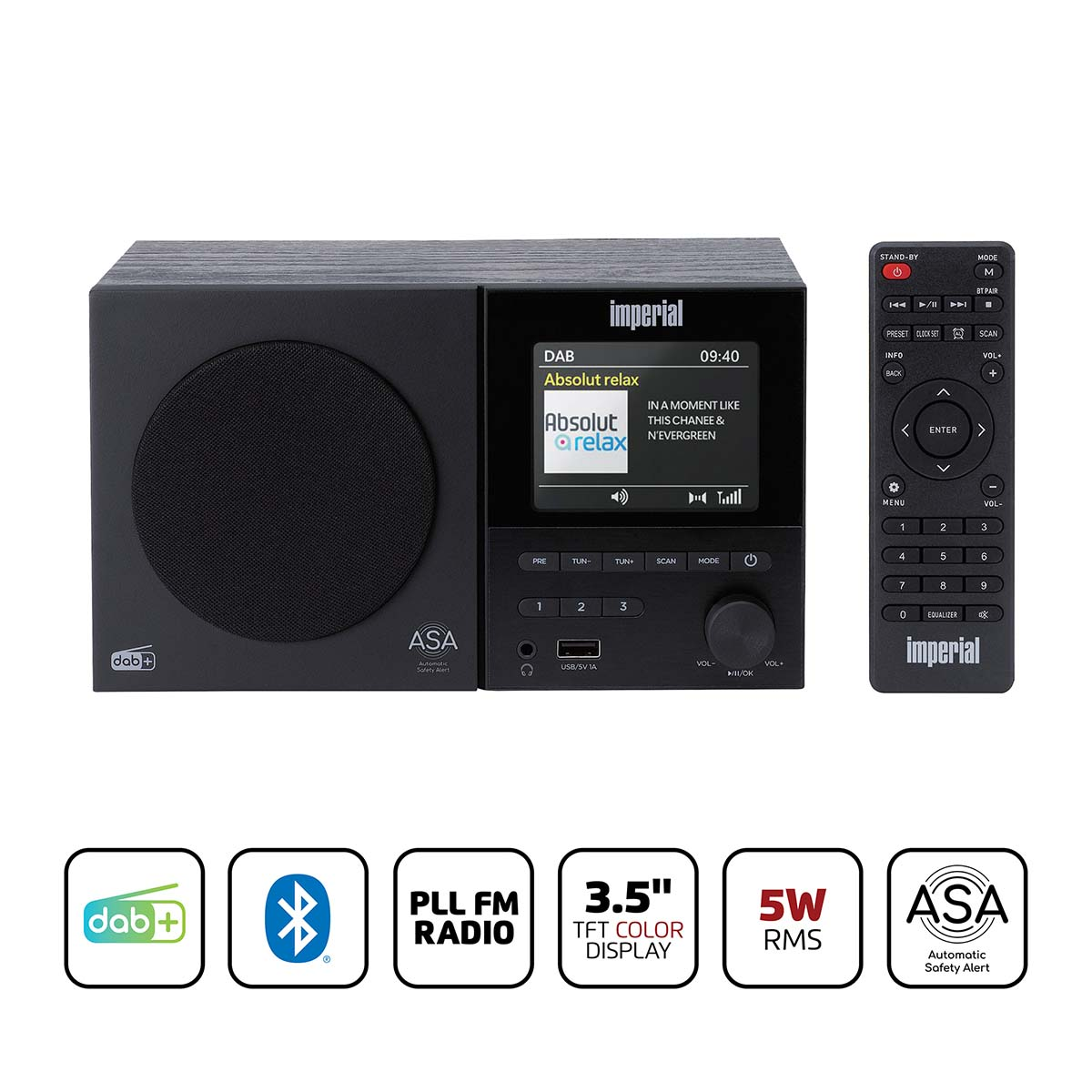 Ein schwarzes Imperial DAB+-Radio mit Fernbedienung und Symbolen.