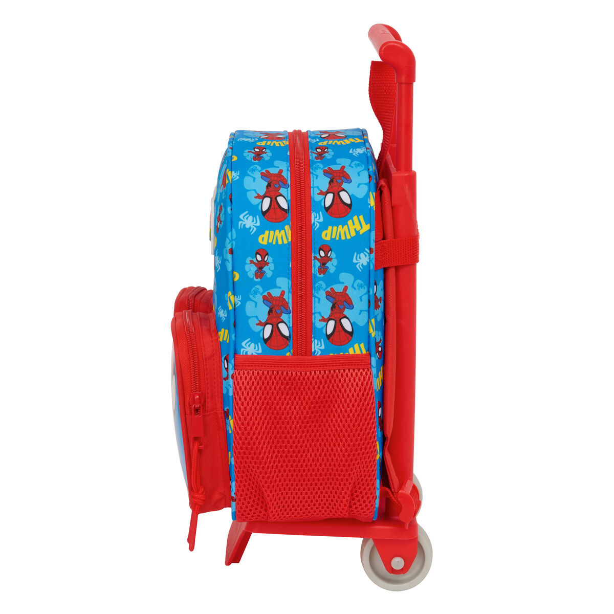 Ein blauer Rollkoffer mit Spiderman-Motiv und roten Taschen.