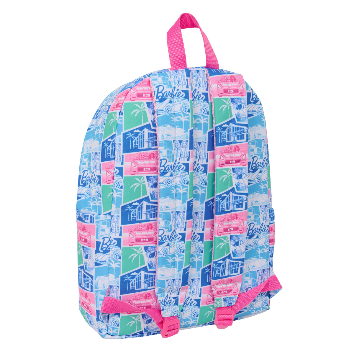 Ein Rucksack mit Barbie-Muster: Autos, Palmen, Häuser und Barbie-Logos.